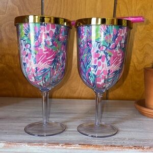 Lilly Pulitzer Pink Floral Insulated Stemmed Tumblers with Gold Lids